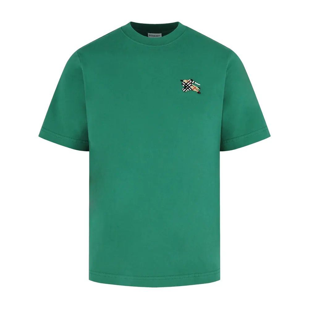 Close-up detail of Burberry Knight print on green cotton t-shirt