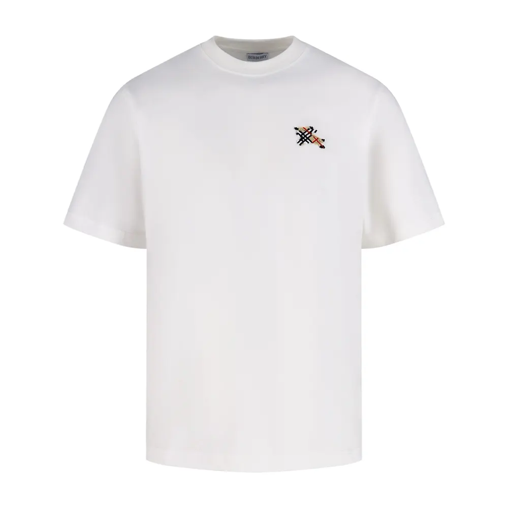 Close-up of embroidered Burberry knight on white cotton T-shirt