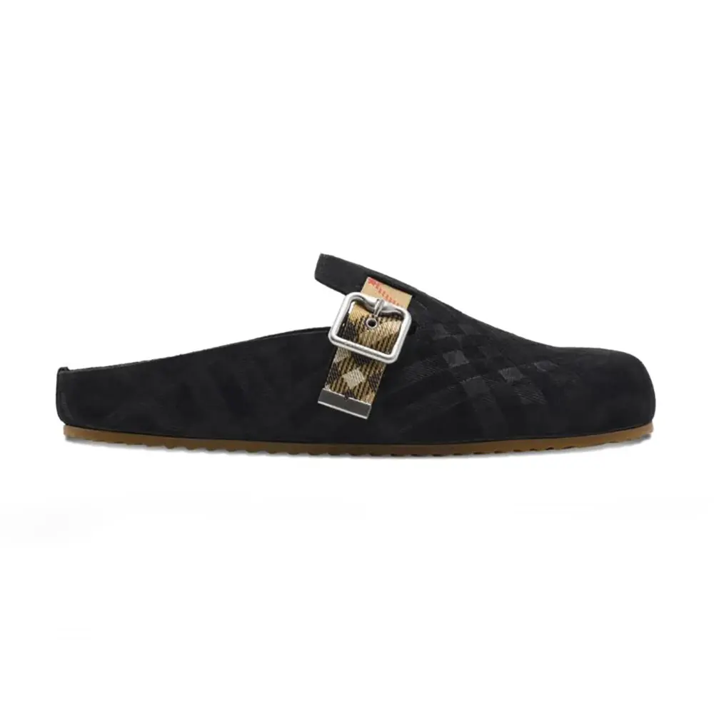 Side profile of Burberry Unisex Check Denim Urchin Clogs-Black showing denim texture