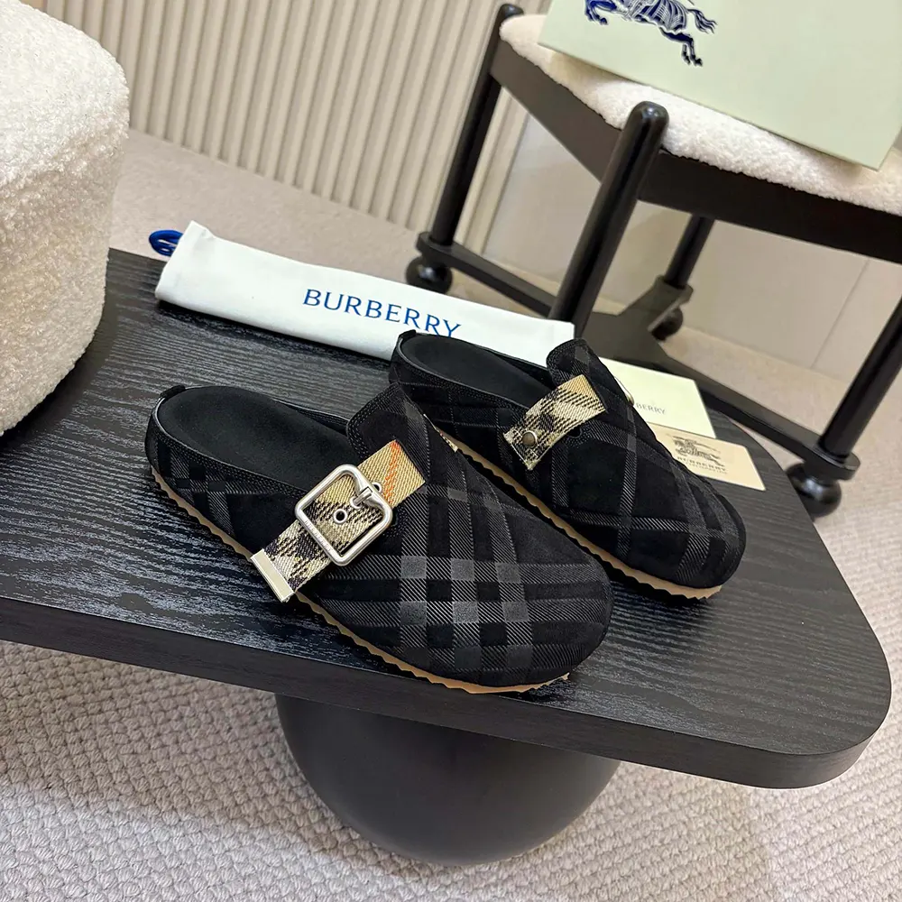 Top-down view of Burberry Unisex Check Denim Urchin Clogs-Black slip-on silhouette