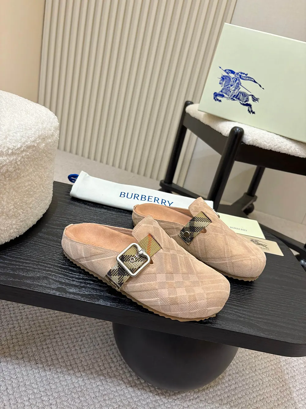 Top angle showing pink denim upper of Burberry Unisex Check Denim Urchin Clogs-Flora Pink