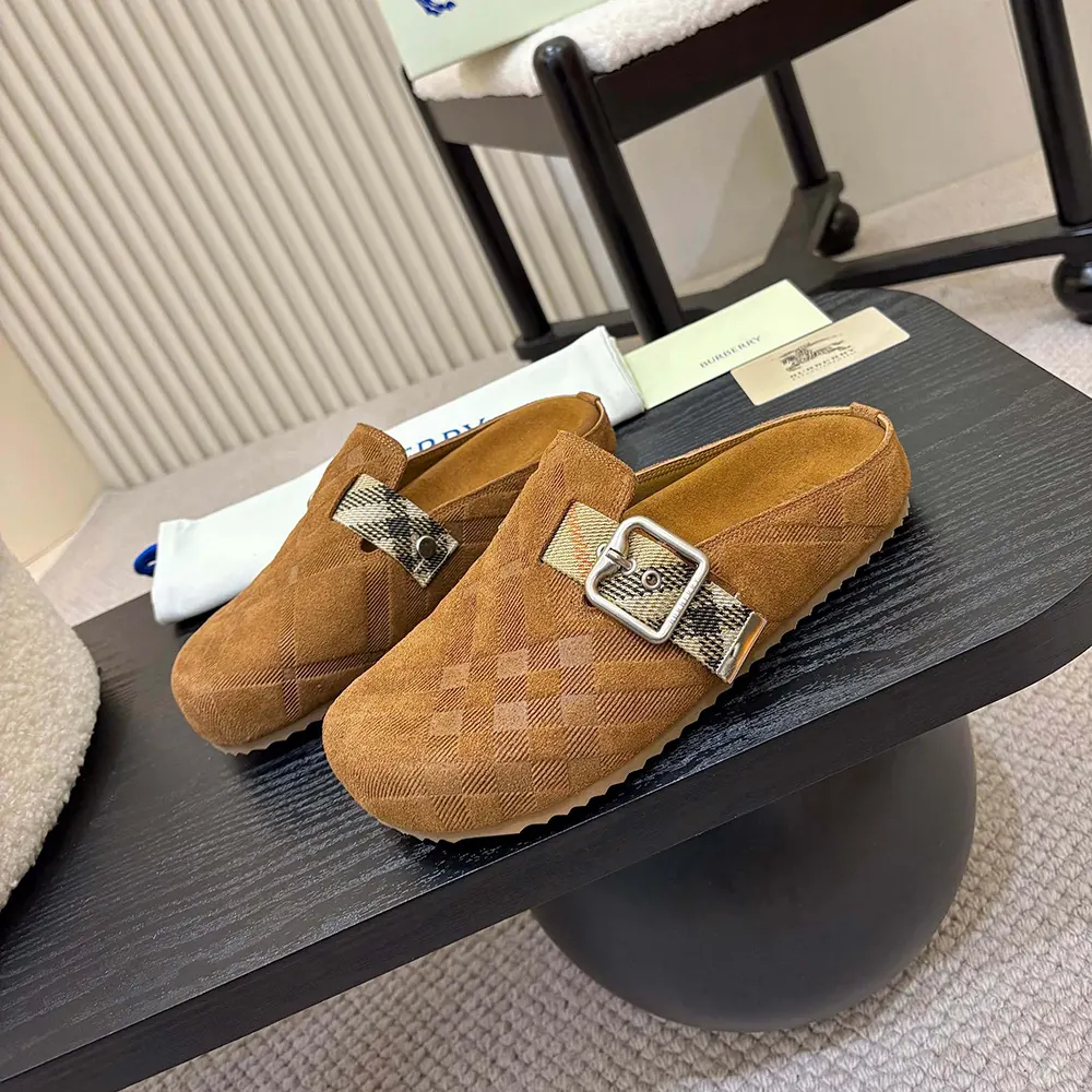 Overhead shot of Burberry Unisex Check Denim Urchin Clogs-Jute Beige highlighting signature check
