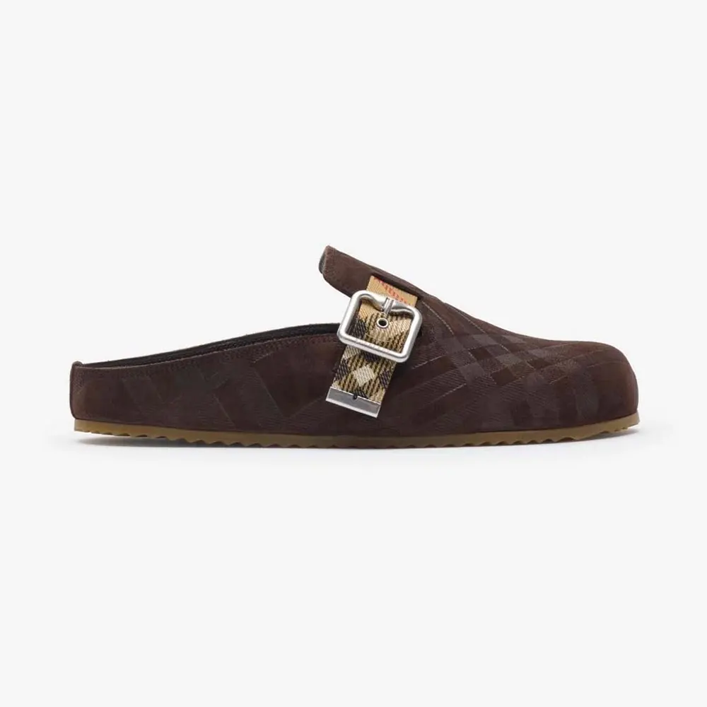 Side profile of Burberry Unisex Check Denim Urchin Clogs-Snug Brown