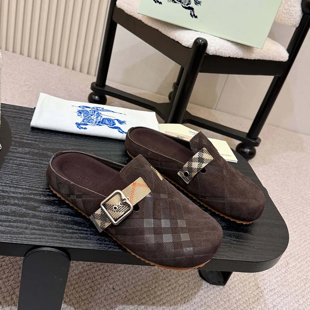 Top view showing cushioned footbed of Burberry Unisex Check Denim Urchin Clogs