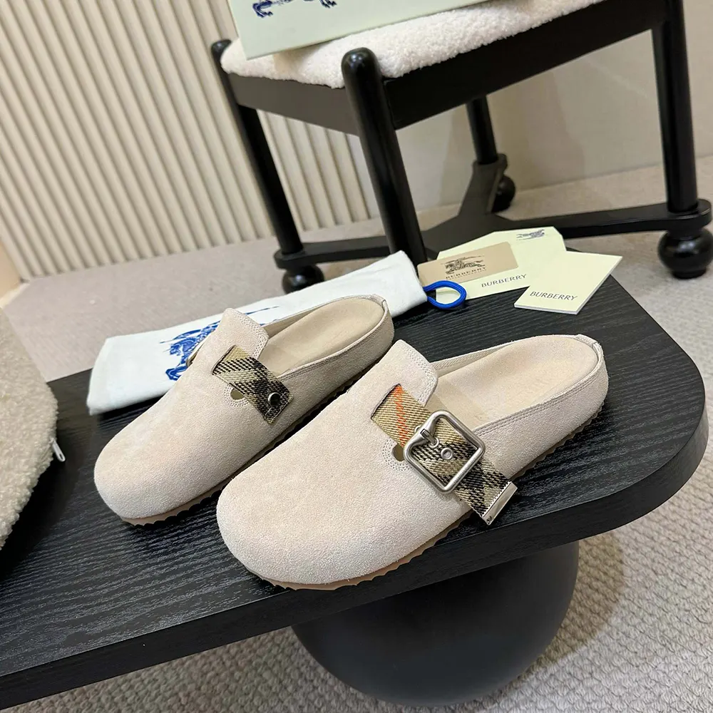 Top view of Burberry Unisex Suede Urchin Clogs-Bake Beige slip-on design