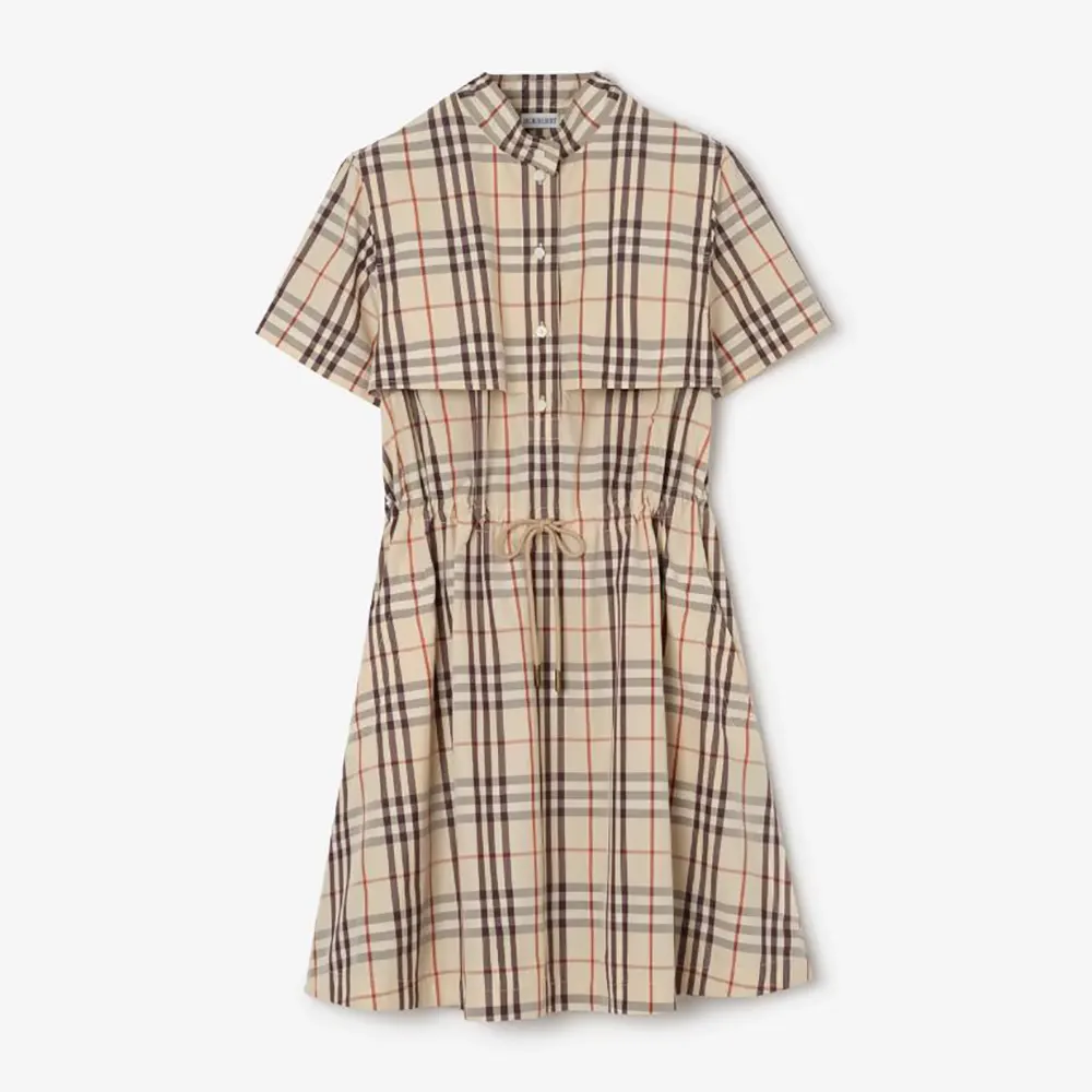 Front view of Burberry Women Check Cotton Dress in beige check