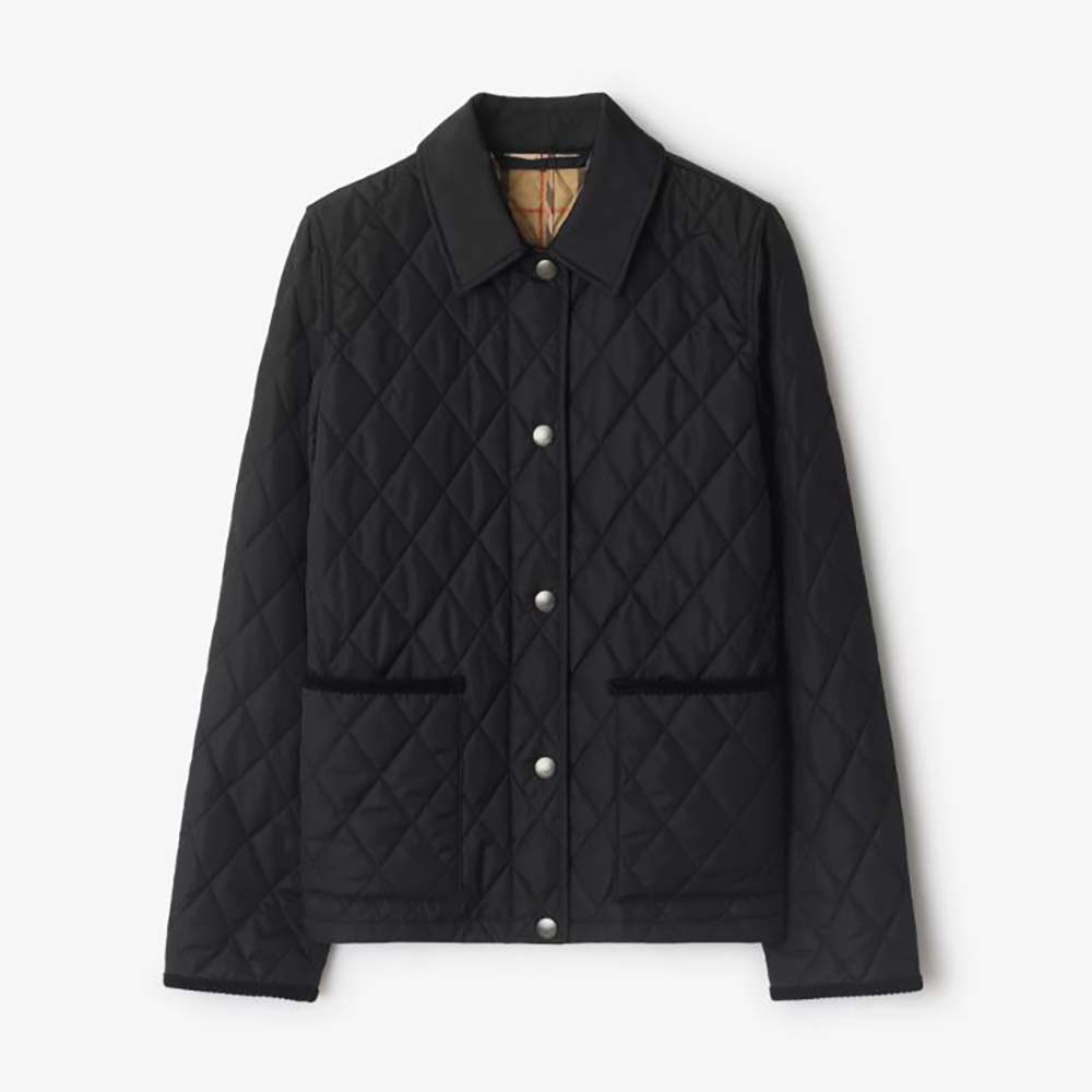 Front view of Burberry Women Quilted Nylon Jacket-Black zipped up