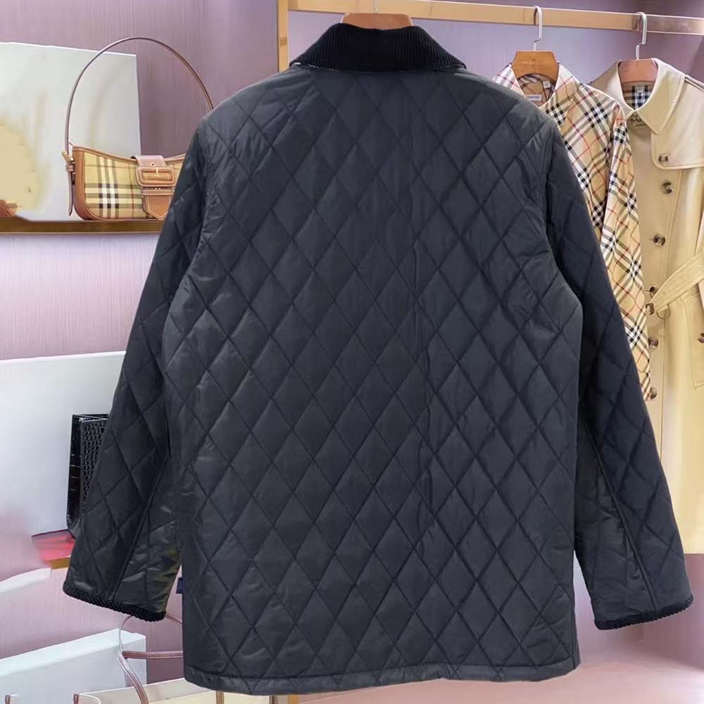 Side angle showing tailored silhouette of Burberry Women Quilted Nylon Jacket-Black
