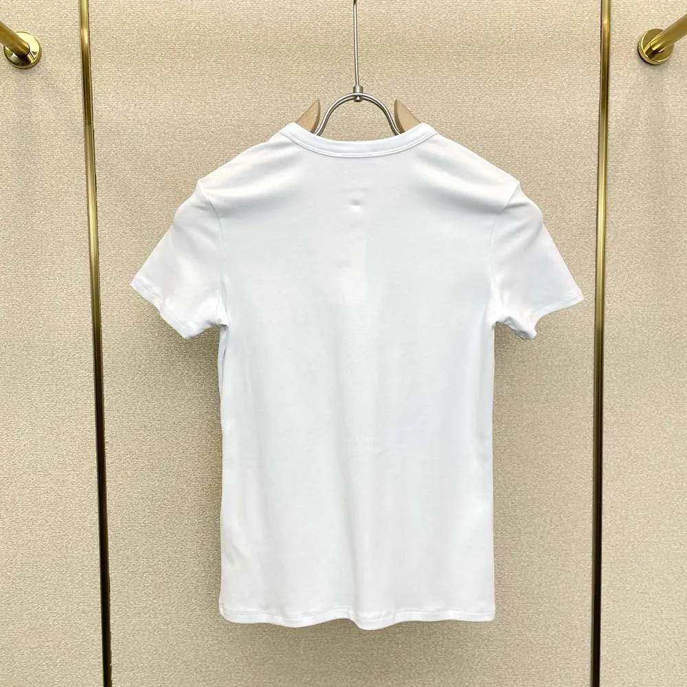 Side angle showing fit of Celine Women T-Shirt in Ribbed Cotton Jersey