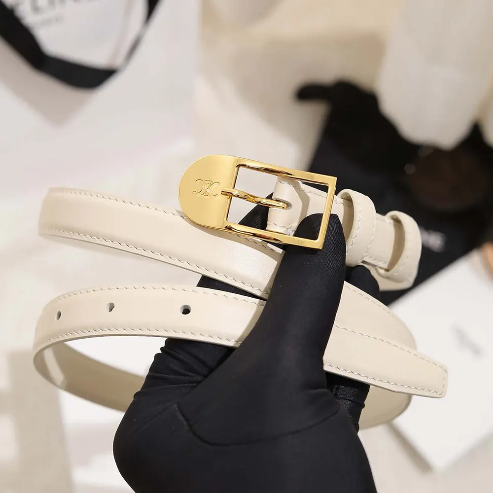 Side angle showing slim profile of Celine Women Bc-25 18mm Belt White