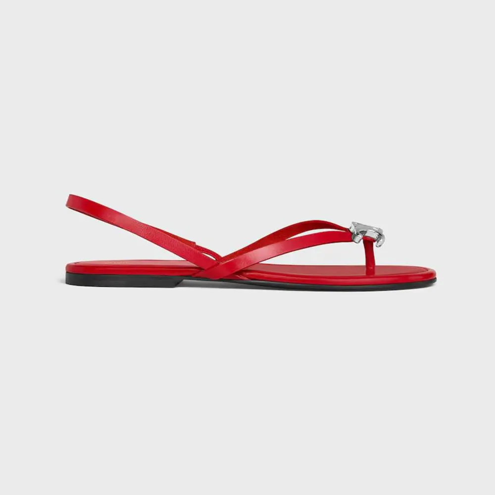 Front angle of Celine Women Biki Sandal in Calfskin-Red showing open toe
