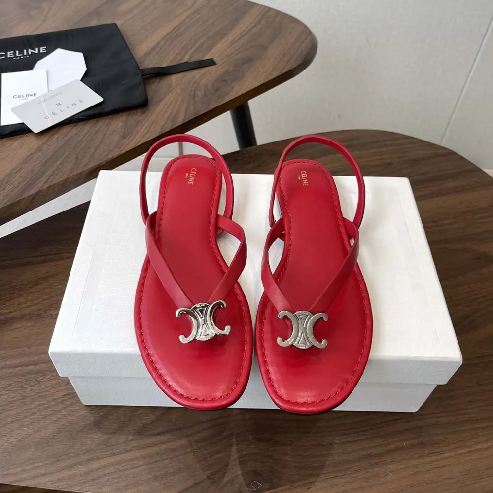 Side profile of Celine Women Biki Sandal in Calfskin-Red highlighting sleek silhouette