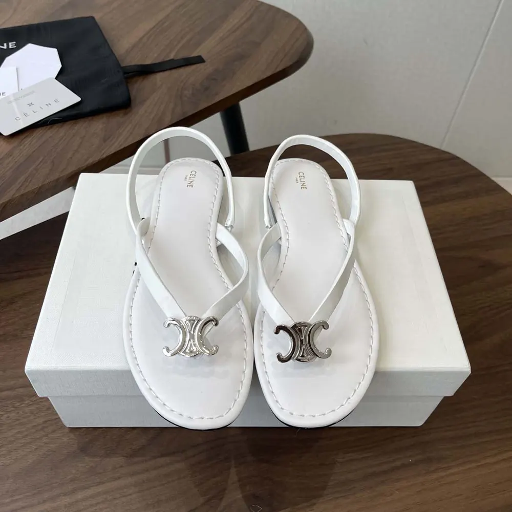Close-up on smooth white calfskin of Celine Women Biki Sandal