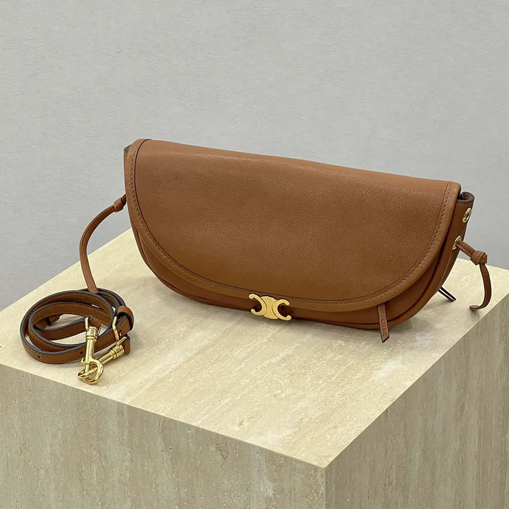 Celine Women Little Halfmoon Soft Triomphe in Supple Shiny Lambskin-Brown - image 4