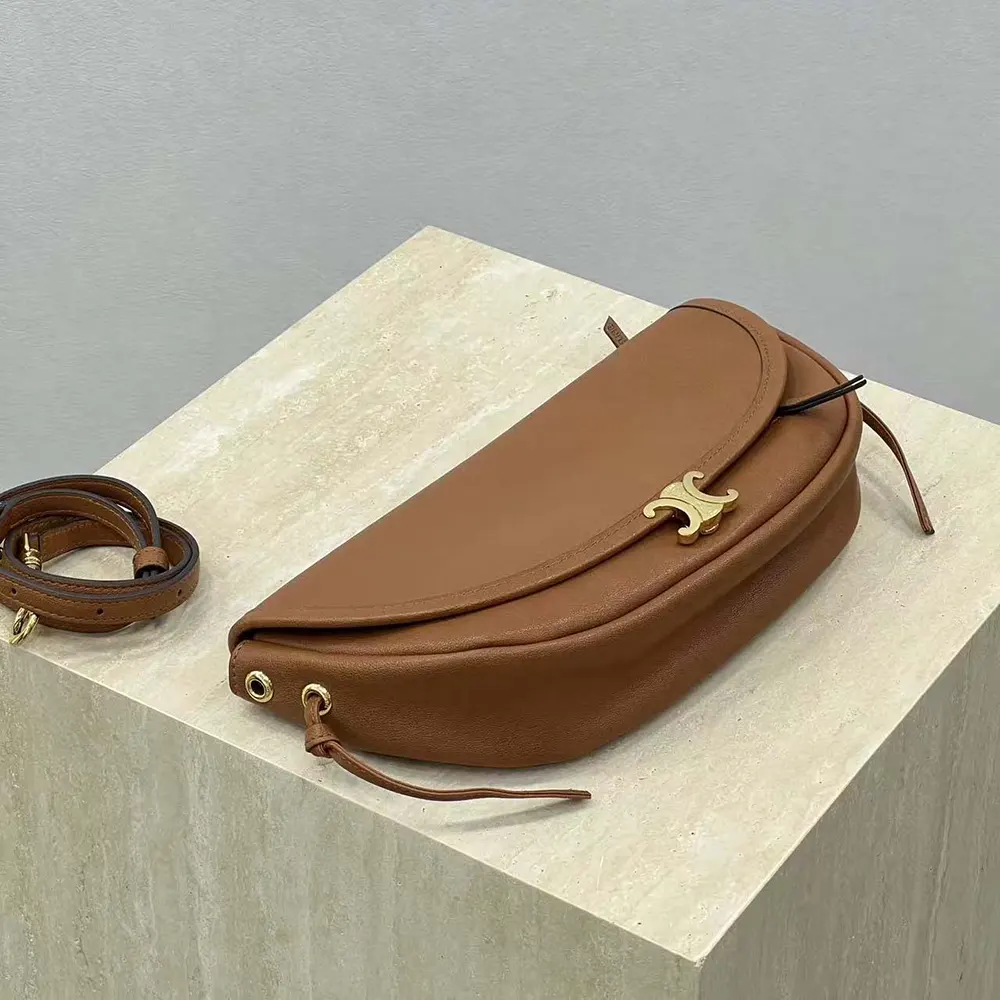 Celine Women Little Halfmoon Soft Triomphe in Supple Shiny Lambskin-Brown - image 8