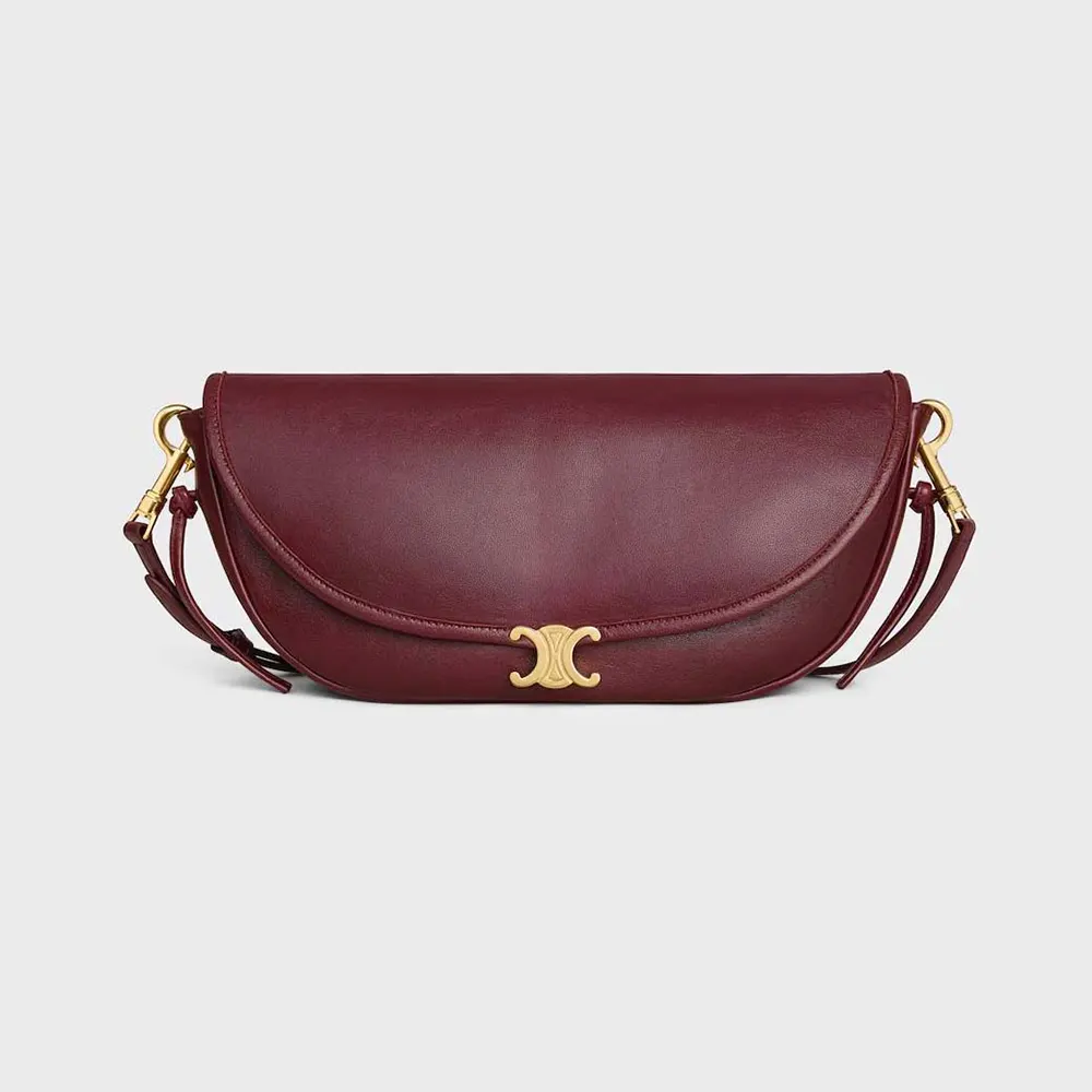 Front view of Celine Women Little Halfmoon Soft Triomphe bag maroon lambskin