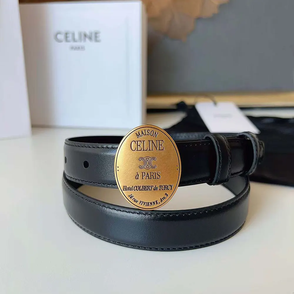 Close-up on polished buckle and leather texture of the Celine Maison Celine belt