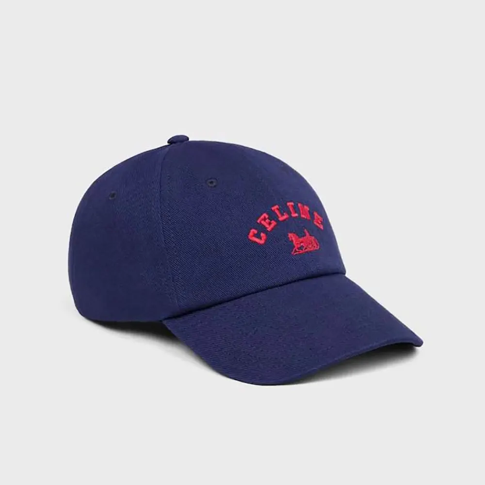 Front angle of Celine Women Richelieu Cap In Cotton Twill-Navy showing curved brim