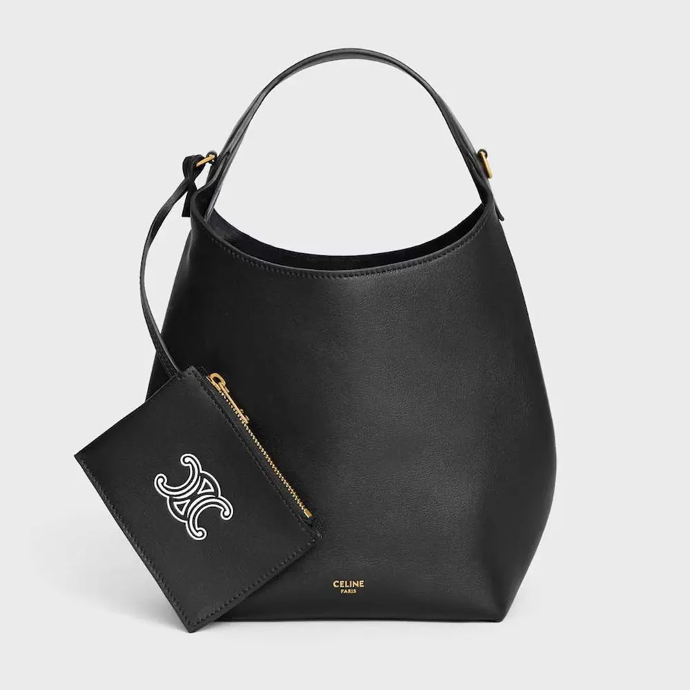 Front angle of Celine Women Small Hobo in Supple Smooth Calfskin-Black