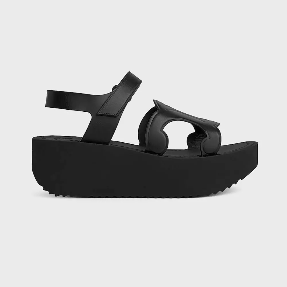 Front angle of Celine Women Sunny Sandal In Calfskin – Vegetal Tanning-Black
