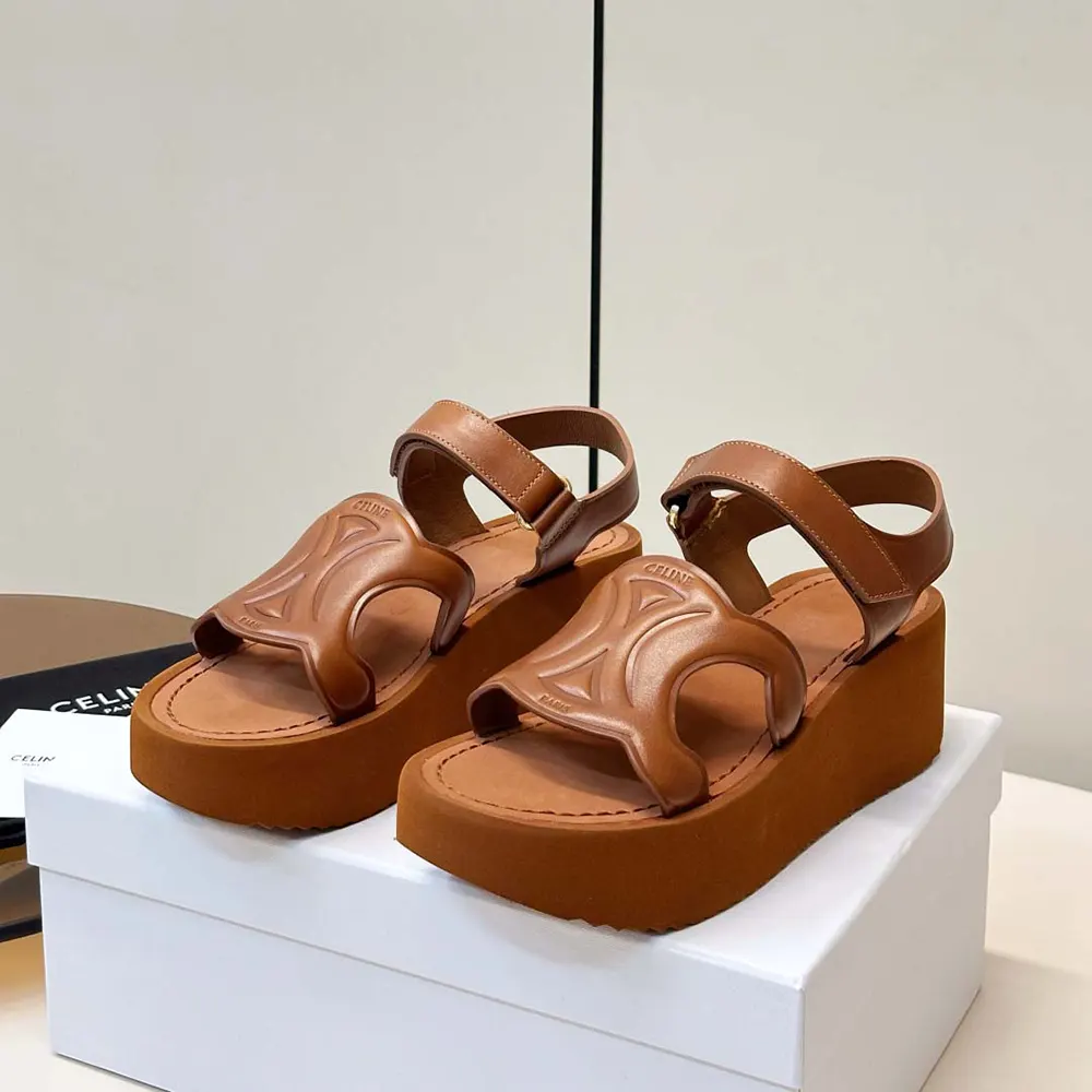 Top view showcasing open toe and tan calfskin on Celine Women Sunny Sandal