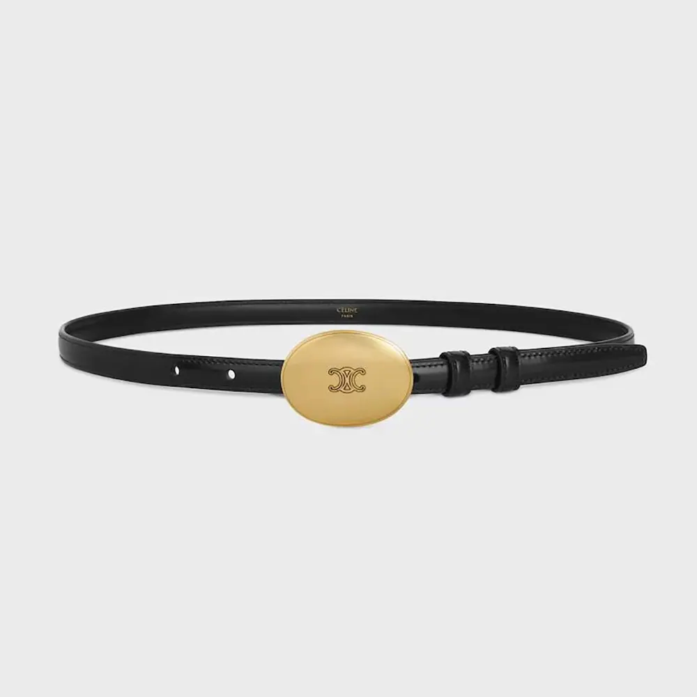 Front view of Celine Women Thin Plate Belt 13mm in black Taurillon leather