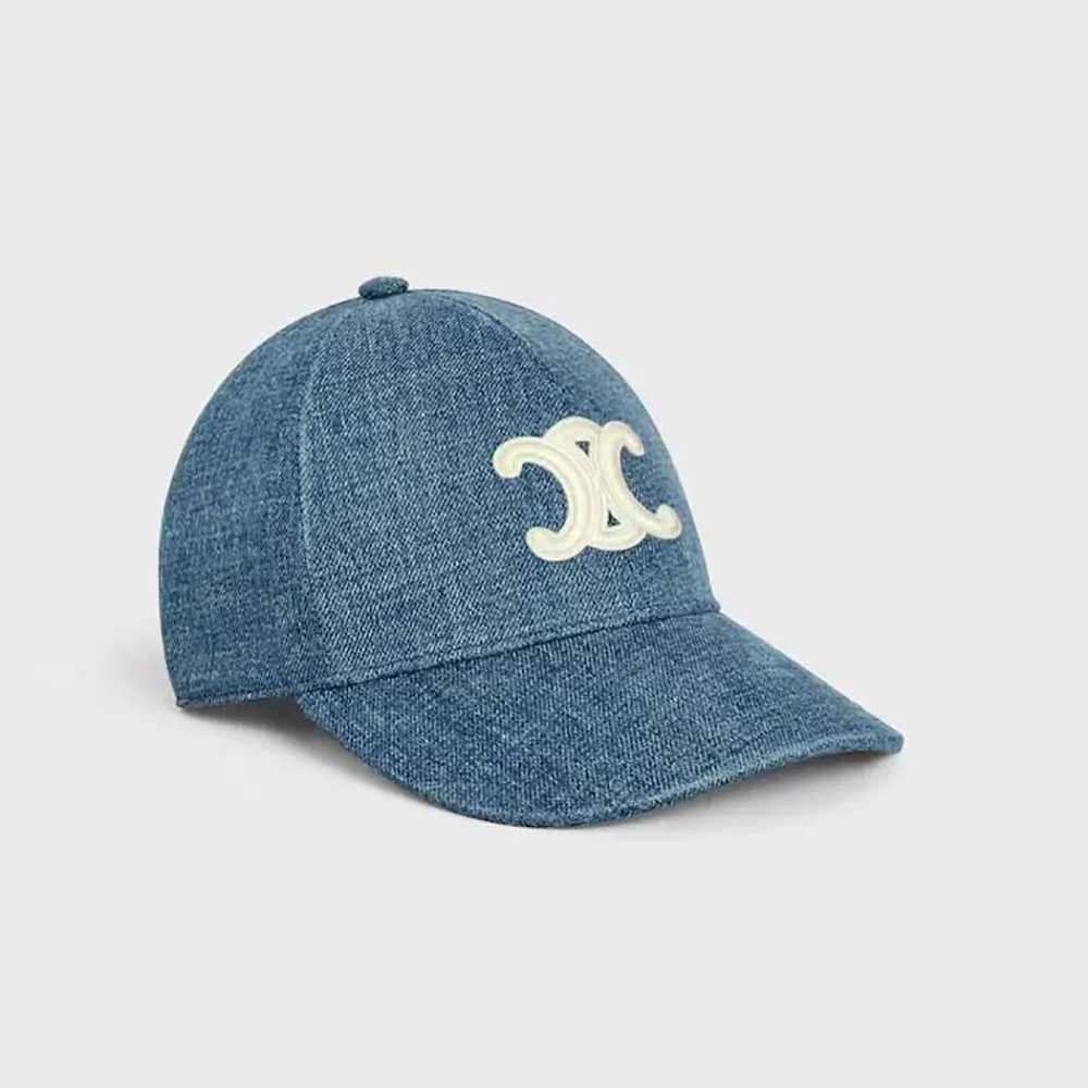 Front view of Celine Women Triomphe Baseball Cap in Denim Union Wash