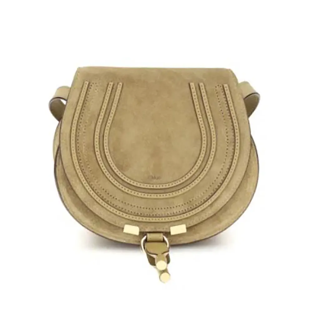 Front view of Chloe Women Marcie Small Shoulder Bag in Suede-Neutral