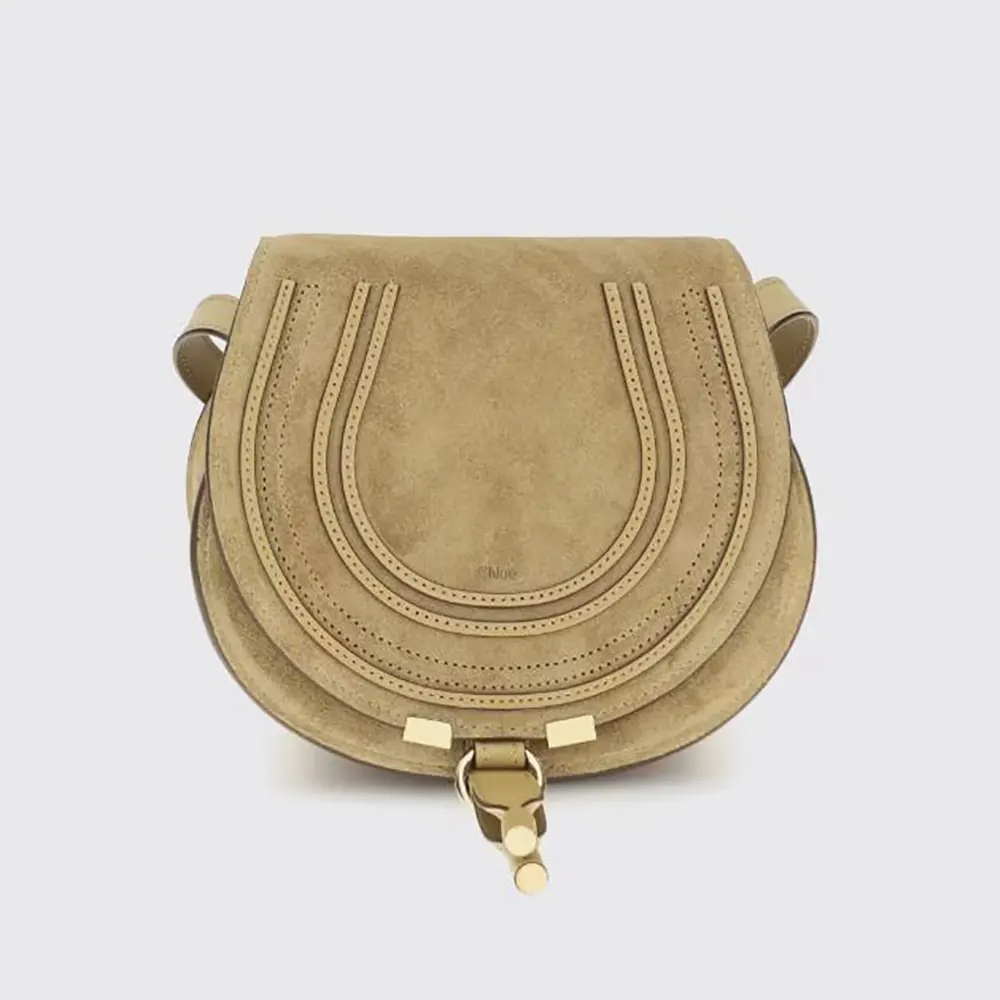Close-up on gold-tone hardware and suede texture of the Chloe Women Marcie Small Shoulder Bag