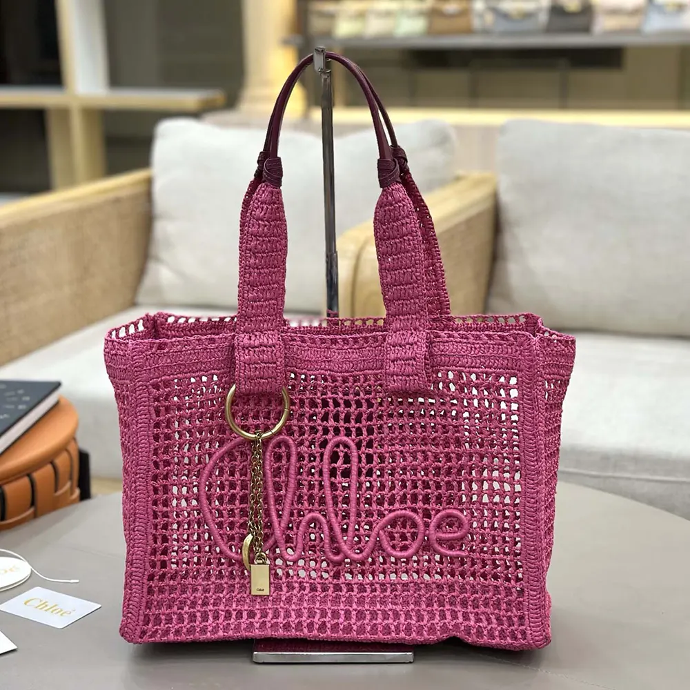 Chloe Women Summer Banana East-west Tote Bag in Raffia & Buffalo Leather-Pink - image 11