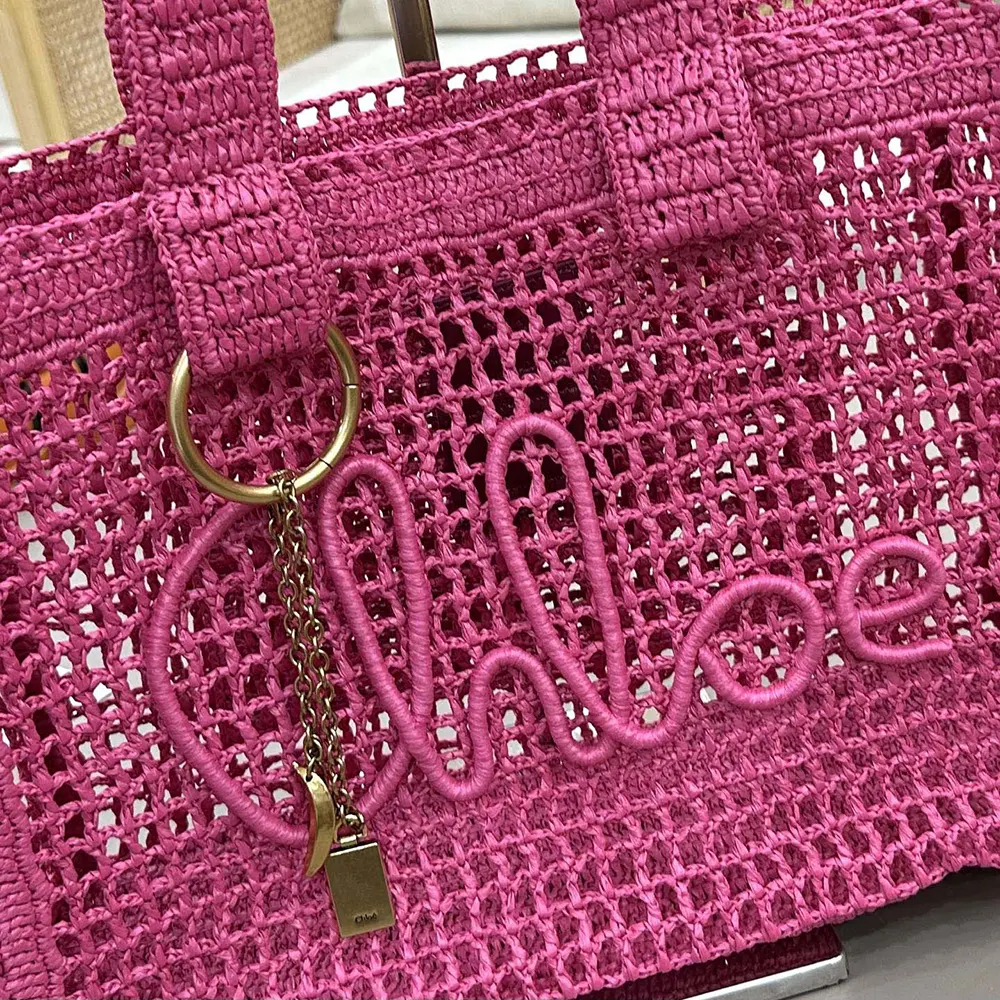 Chloe Women Summer Banana East-west Tote Bag in Raffia & Buffalo Leather-Pink - image 16