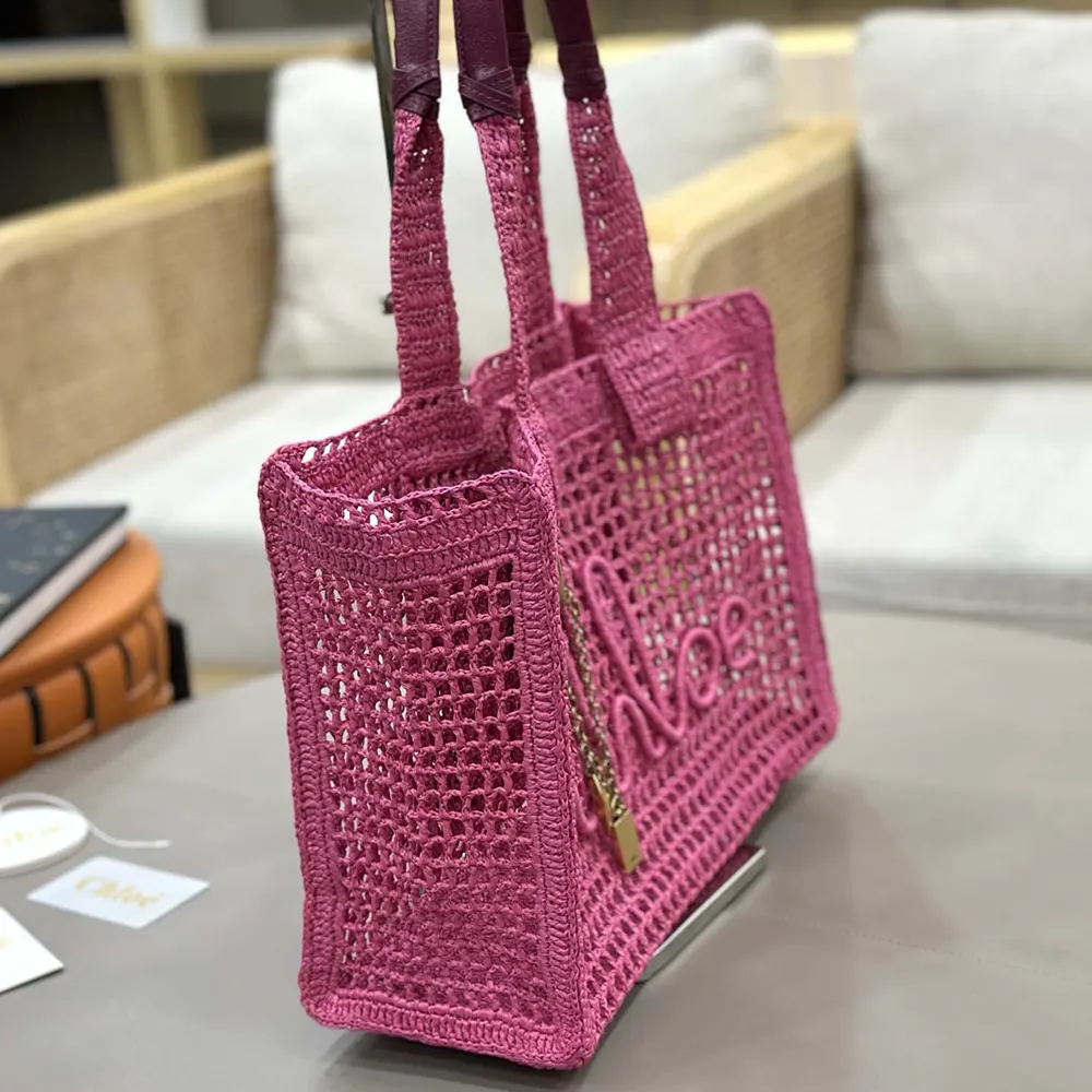 Chloe Women Summer Banana East-west Tote Bag in Raffia & Buffalo Leather-Pink - image 13
