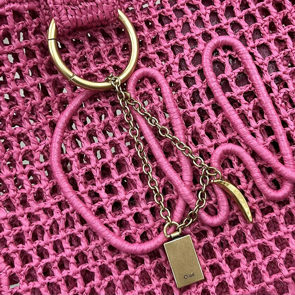 Chloe Women Summer Banana East-west Tote Bag in Raffia & Buffalo Leather-Pink - image 15