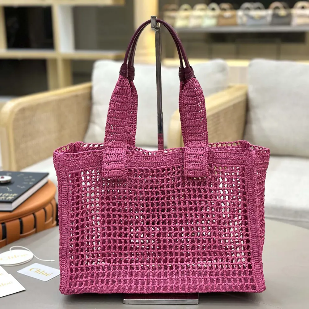Chloe Women Summer Banana East-west Tote Bag in Raffia & Buffalo Leather-Pink - image 12
