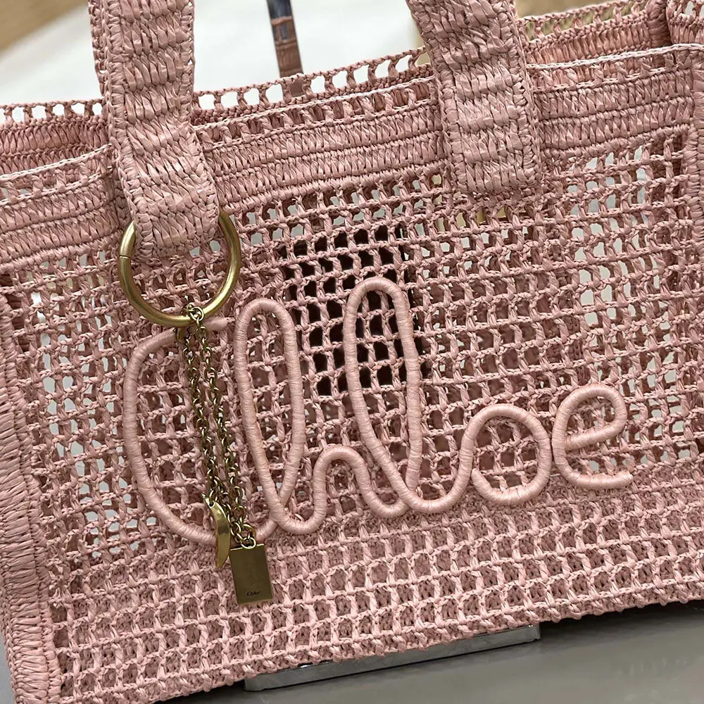 Chloe Women Summer Banana East-west Tote Bag in Raffia & Buffalo Leather-Pink - image 7