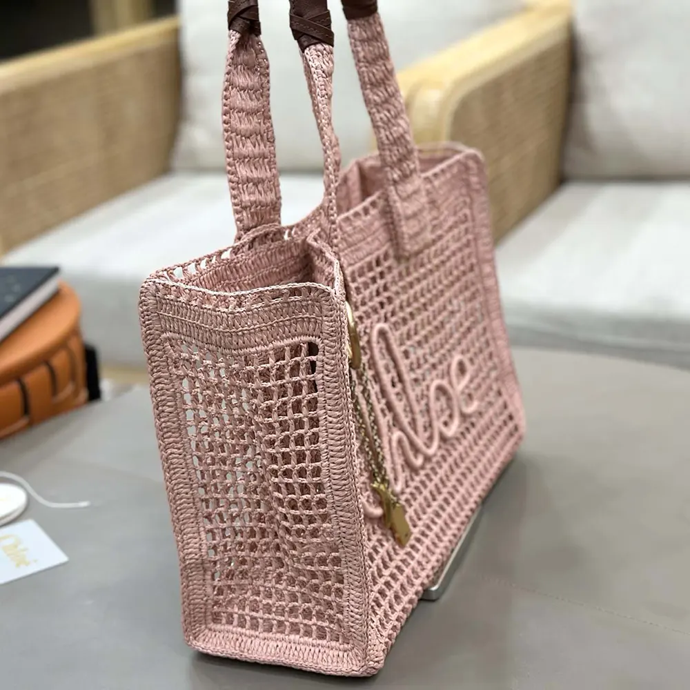 Chloe Women Summer Banana East-west Tote Bag in Raffia & Buffalo Leather-Pink - image 4