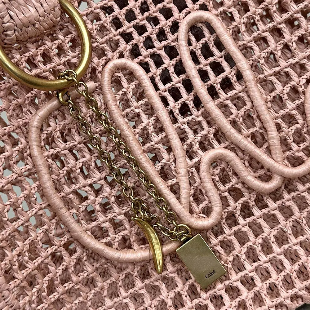 Chloe Women Summer Banana East-west Tote Bag in Raffia & Buffalo Leather-Pink - image 8