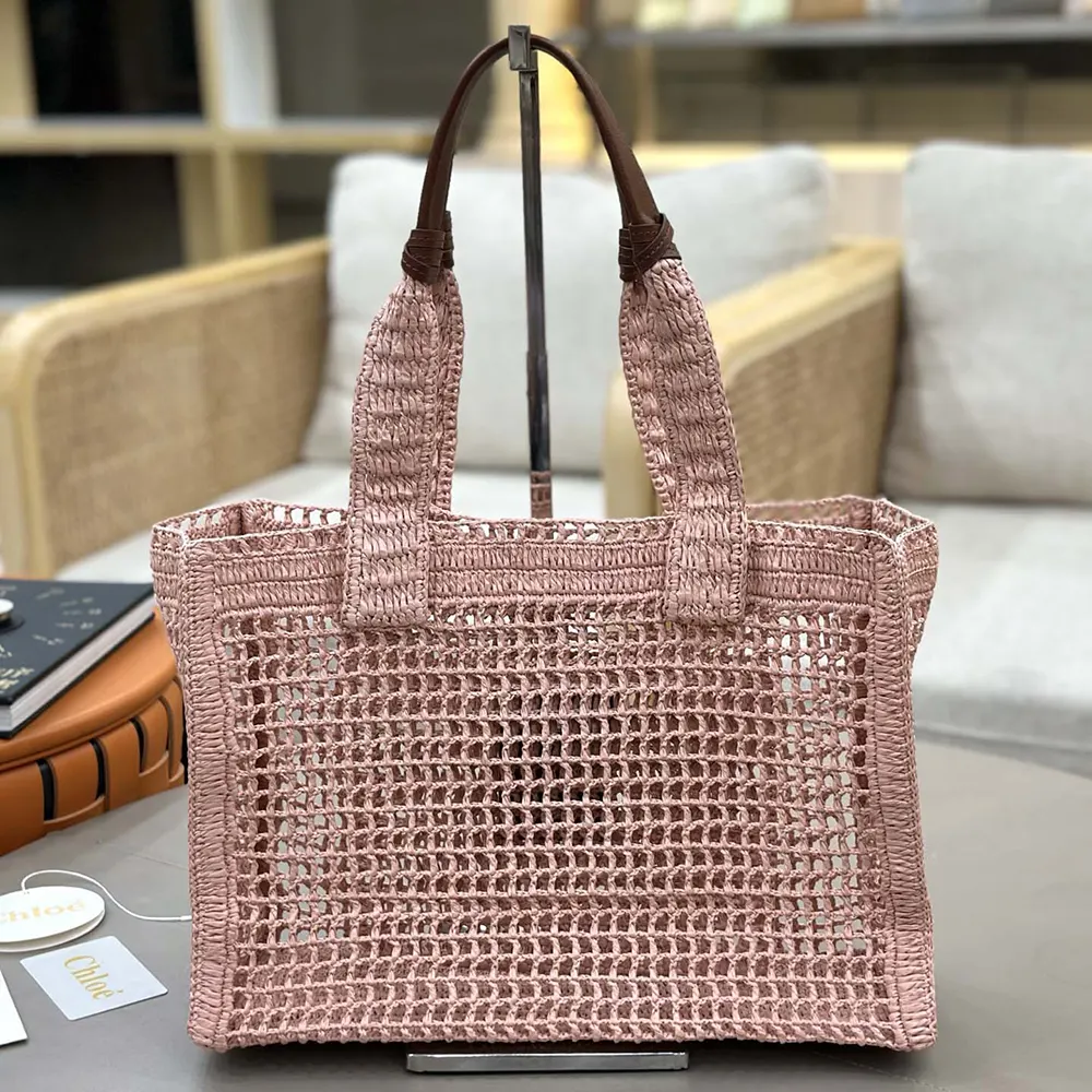 Side angle showing woven raffia texture and zip closure of Chloe Women Summer Banana Tote