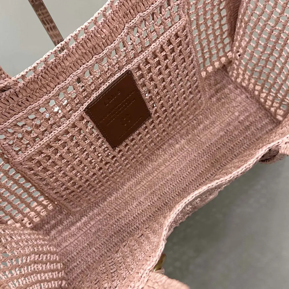 Chloe Women Summer Banana East-west Tote Bag in Raffia & Buffalo Leather-Pink - image 6
