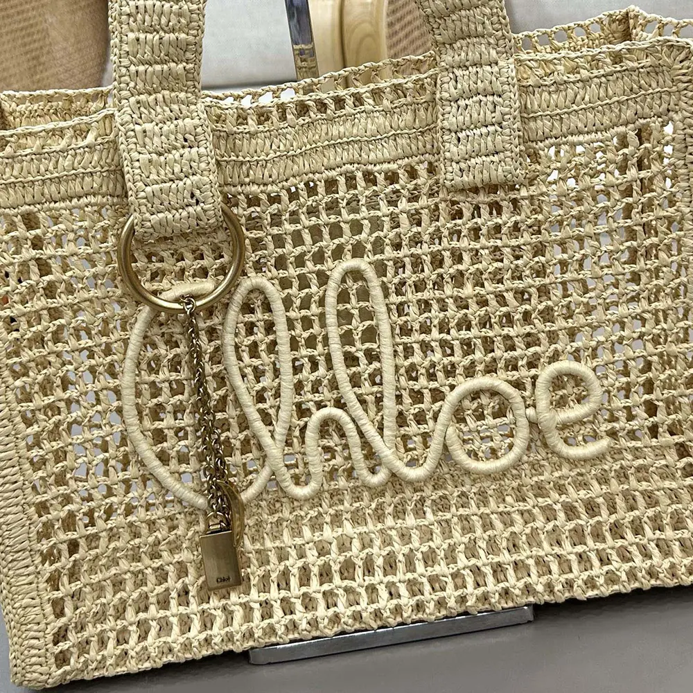 Chloe Women Summer Banana East-west Tote Bag in Raffia & Buffalo Leather-Beige - image 6