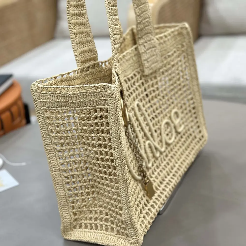 Chloe Women Summer Banana East-west Tote Bag in Raffia & Buffalo Leather-Beige - image 5