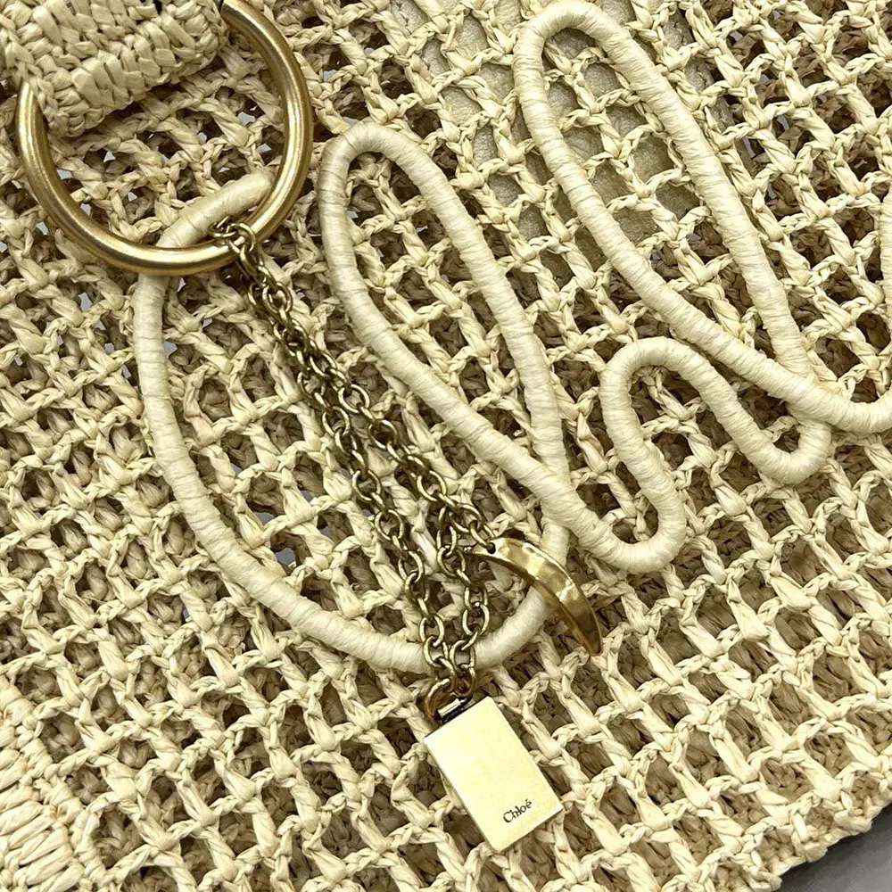 Chloe Women Summer Banana East-west Tote Bag in Raffia & Buffalo Leather-Beige - image 7