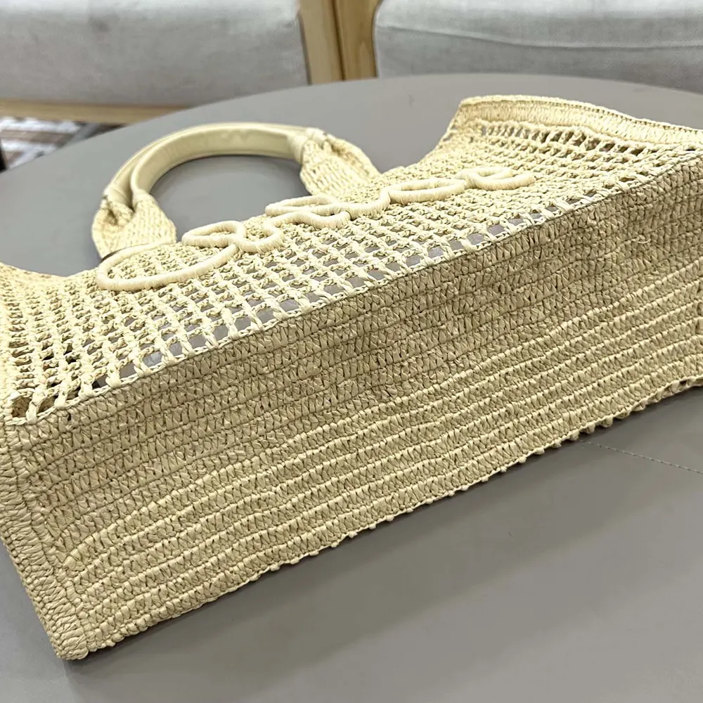Chloe Women Summer Banana East-west Tote Bag in Raffia & Buffalo Leather-Beige - image 4