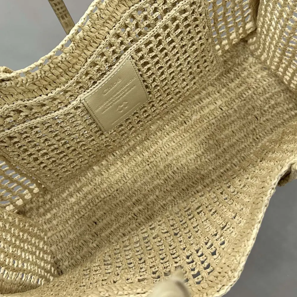 Chloe Women Summer Banana East-west Tote Bag in Raffia & Buffalo Leather-Beige - image 8