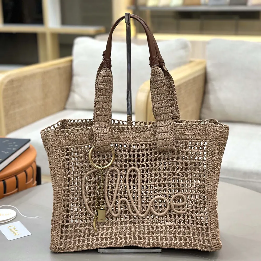 Chloe Women Summer Banana East-west Tote Bag in Raffia & Buffalo Leather-Beige - image 11