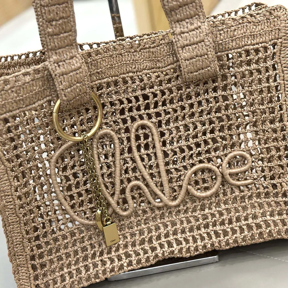 Chloe Women Summer Banana East-west Tote Bag in Raffia & Buffalo Leather-Beige - image 14