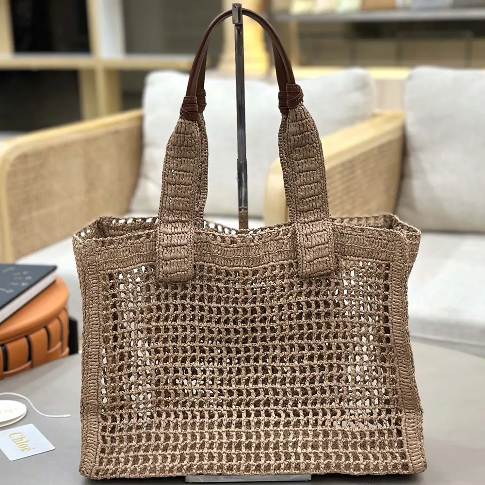 Chloe Women Summer Banana East-west Tote Bag in Raffia & Buffalo Leather-Beige - image 12