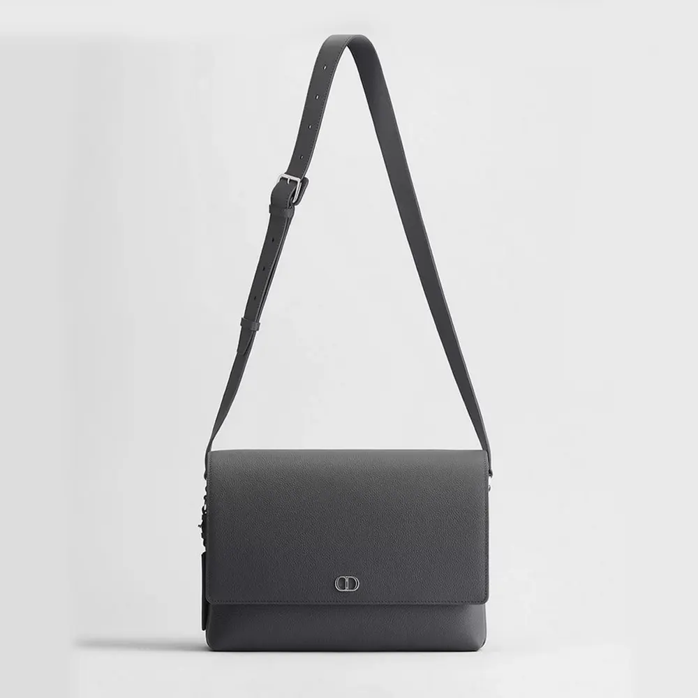 Front view of Dior Men CD Icon Messenger Bag with flap in black leather
