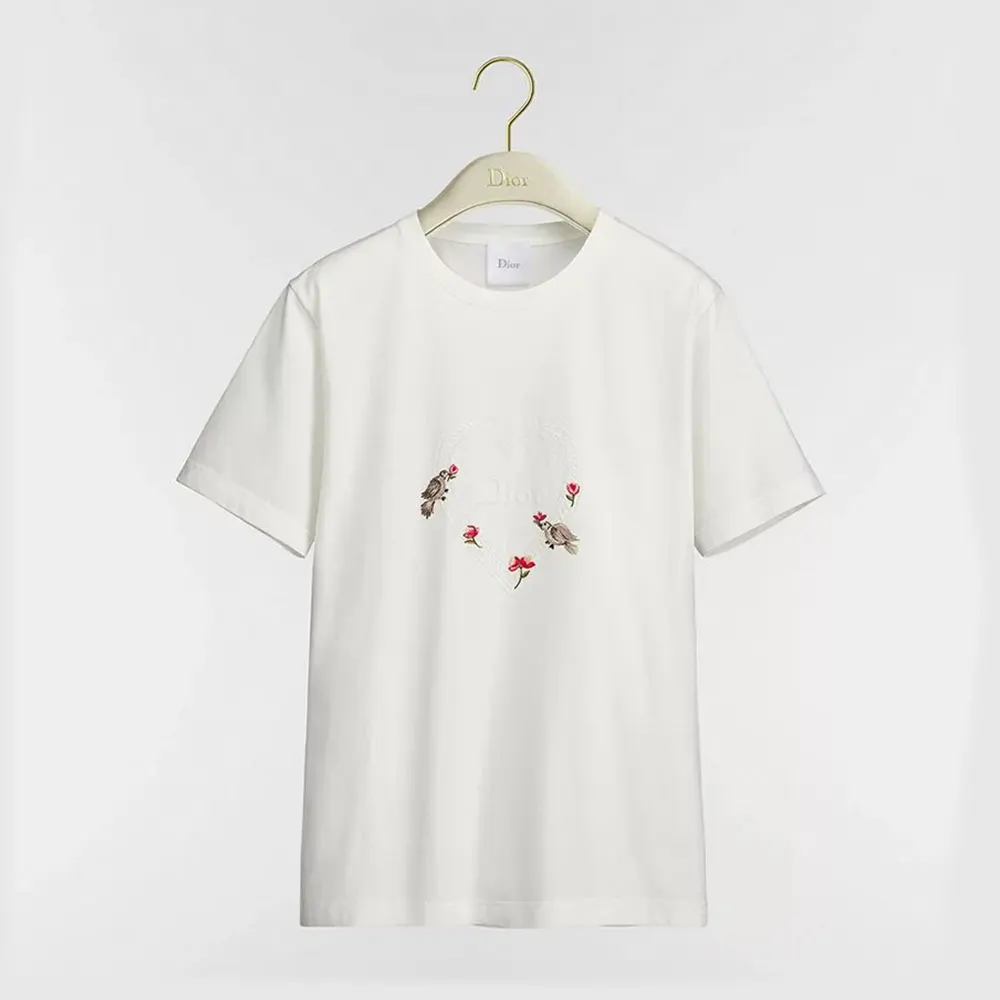Front view of Dior Women Dioramour Fitted T-Shirt with doves and roses