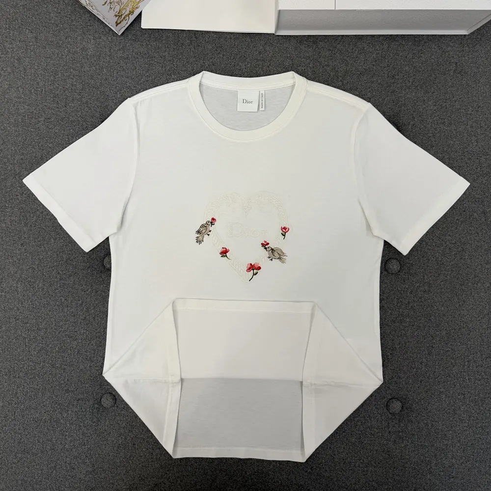 Dior Women Dioramour Fitted T-Shirt White Cotton Jersey with Multicolor Doves & Roses Motif - image 4